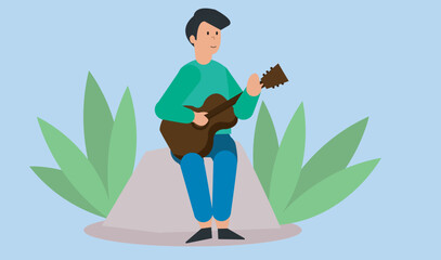 Man playing guitar and relaxing at outside. Man sitting on the stone and playing guitar. People’s leisure activity, hobby, and creative passions, with blue colored background. vector.