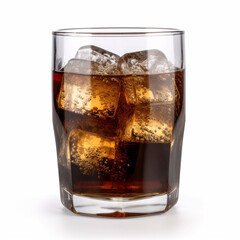 Glass of cola with ice on plain white background