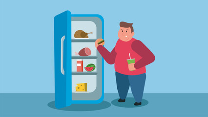 Fat man is eating food near open fridge, holding a hamburger and drink. Hungry male character with weight problem and obesity disorder.