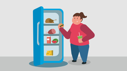 Fat woman is eating food near open fridge, holding a hamburger and drink. Hungry female character with weight problem and obesity disorder.
