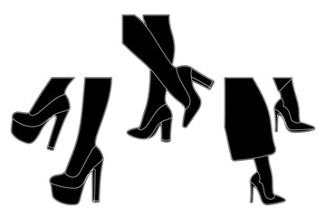 Line art silhouette outline of female legs in a pose. Shoes stilettos, high heels. Walking, standing, running, jumping, dance