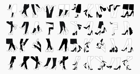 Fototapeta na wymiar Big set 40 silhouettes outline of female legs. Shoes stilettos, high heels. Walking, standing, running, jumping, dance