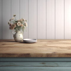 Shabby chic flower vase with empty wooden table in plain background mock-up
