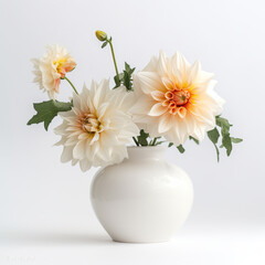 White dahlia flowers in a simple white vase