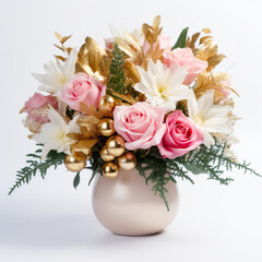 Pink and white pretty flower pots in white plain vase on a plain background	