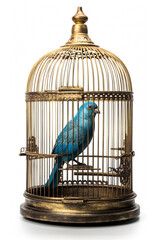 Parrot in an antique gold cage in a white background  