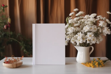 Blank white book on wooden table with flowers 