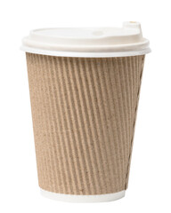 Brown paper cup made of corrugated cardboard with a plastic white lid on a white isolated background