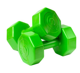 Green plastic dumbbell on a white isolated background, sports equipment