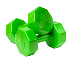 Green plastic dumbbell on a white isolated background, sports equipment