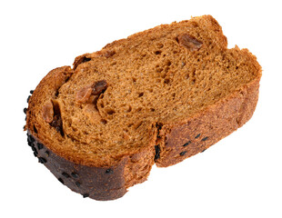 Slice of rye bread with raisins on a white isolated background
