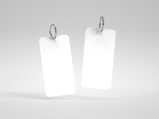 Blank metal square white key chain mockup top view, 3d rendering. Clear silver keychain design mock up isolated. 3d illustration isolated on white background.