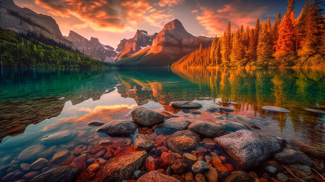 Tranquil Lake Surrounded by Towering Mountains, Reflecting Vivid Colors of Fiery Sunset, Maximum Depth of Field - Generative AI