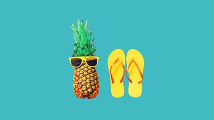 Summer vacation, stylish pineapple with sunglasses and yellow flip flops on blue background