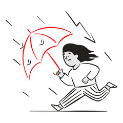 woman fleeing thunderstorm with umbrella
