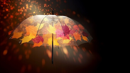 Transparent umbrella with colorful autumn leaves. Sun shining on the umbrella.