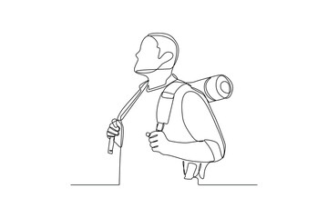 Fototapeta premium Single one line drawing happy boy with vacation costume and bag. Summer beach concept. Continuous line draw design graphic vector illustration.
