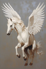 Obraz na płótnie Canvas Pegasus the beautiful Greek mythological winged horse flying over a grey background, Generative AI