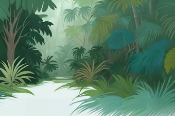 Jungle illustration in pastel colors. Painted beautiful tropical forest with exotic plants, palm trees, big leaves and ferns. Thicket of the rainforest. Simple nature drawing. Generative AI