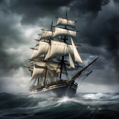 sailing ship in the stormy sea