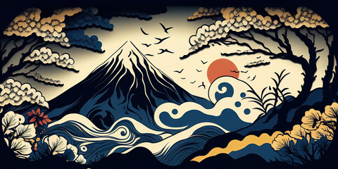 Fuji in Japanese traditional Ukiyoe Abstract Elegant Modern AI-generated illustration