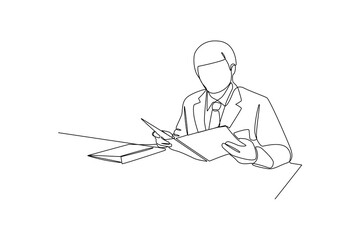 Fototapeta na wymiar Continuous one line drawing happy businessman reads report. Business activities concept. Single line draw design vector graphic illustration.