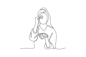 Single one line drawing happy woman is taking a bath. Bathroom activity concept. Continuous line draw design graphic vector illustration.