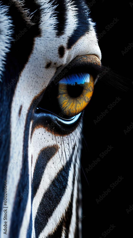 Poster a close up of a zebra's eye with a black background. generative ai.