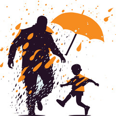 Father and child playing in the rain, jumping in puddles or having a water fight