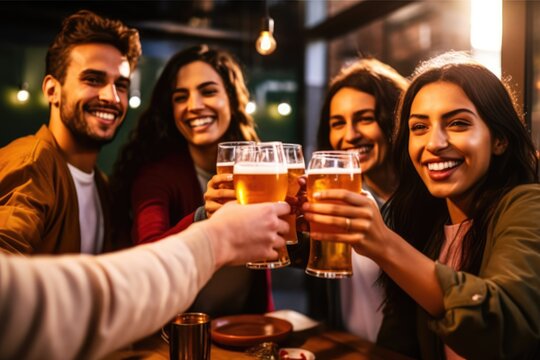group of people cheering and drinking beer at bar pub table -Happy young friends enjoying happy hour at brewery restaurant-Youth culture-Life style food and beverage.