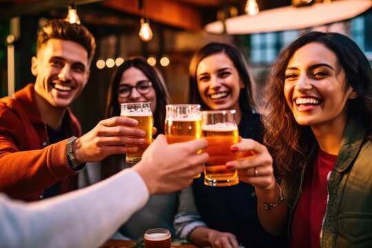 group of people cheering and drinking beer at bar pub table -Happy young friends enjoying happy hour at brewery restaurant-Youth culture-Life style food and beverage. Generative AI