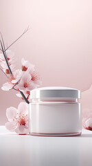 generative AI mockup of beauty product in a glass jar with cherry blossoms, delicate spring flowers on pink background.