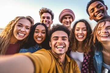 Multiracial group of friends having fun together outdoors on city street- Young cheerful people walking hugging outside- Next gen z lifestyle concept-Smiling student enjoying vacation.  - obrazy, fototapety, plakaty