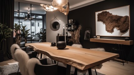 Interior design of Dining Room in Scandinavian style with Chandelier decorated with Leather, Wood, Sheepskin material. Modern architecture. Generative AI AIG24.