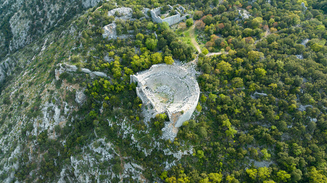 view from the ancient city hill. Old historical Antalya termessos ancient city view from the top