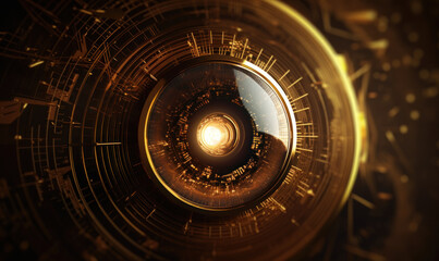 Eye, lens or camera in golden color, futuristic, digital or electronic technology, Generative AI