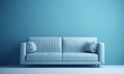 Soft blue sofa on blue background, 3D illustration. Modern minimalistic living room interior. generative AI