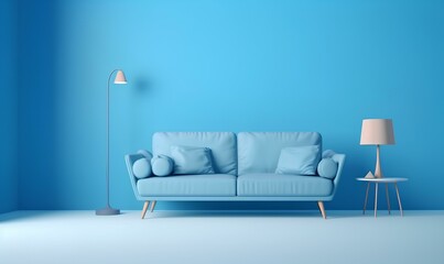 Soft blue sofa on blue background, 3D illustration. Modern minimalistic living room interior. generative AI