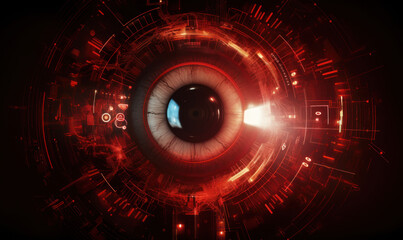 Eye, lens or camera in scarlet color, futuristic, digital or electronic technology, Generative AI