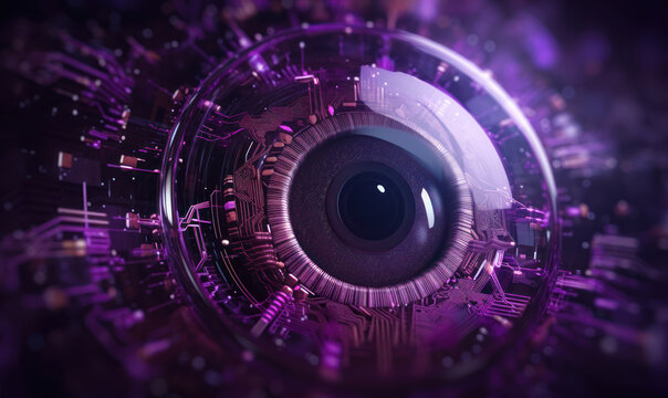 Eye, lens or camera in purple color, futuristic, digital or electronic technology, Generative AI
