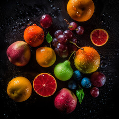 professional image of fresh and juicy fruits on a black table. High quality 