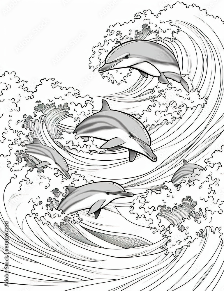 Poster a group of dolphins riding a wave in the ocean. generative ai.