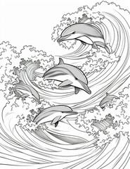 A group of dolphins riding a wave in the ocean. Generative AI.