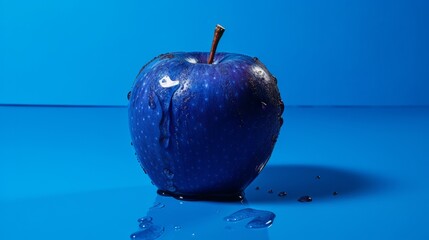 wet blue apple on blue background