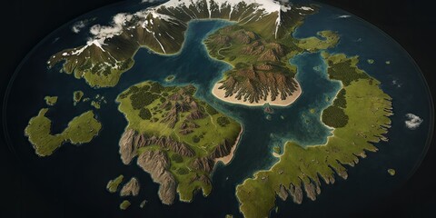 Cartoon continent with natural geography map. Concept of island with landmark comic in game, fiction and physical environmental location. Glorious generative AI.