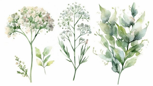 Watercolor baby's breath collection. Set of hand drawn flowers. Generative AI.
