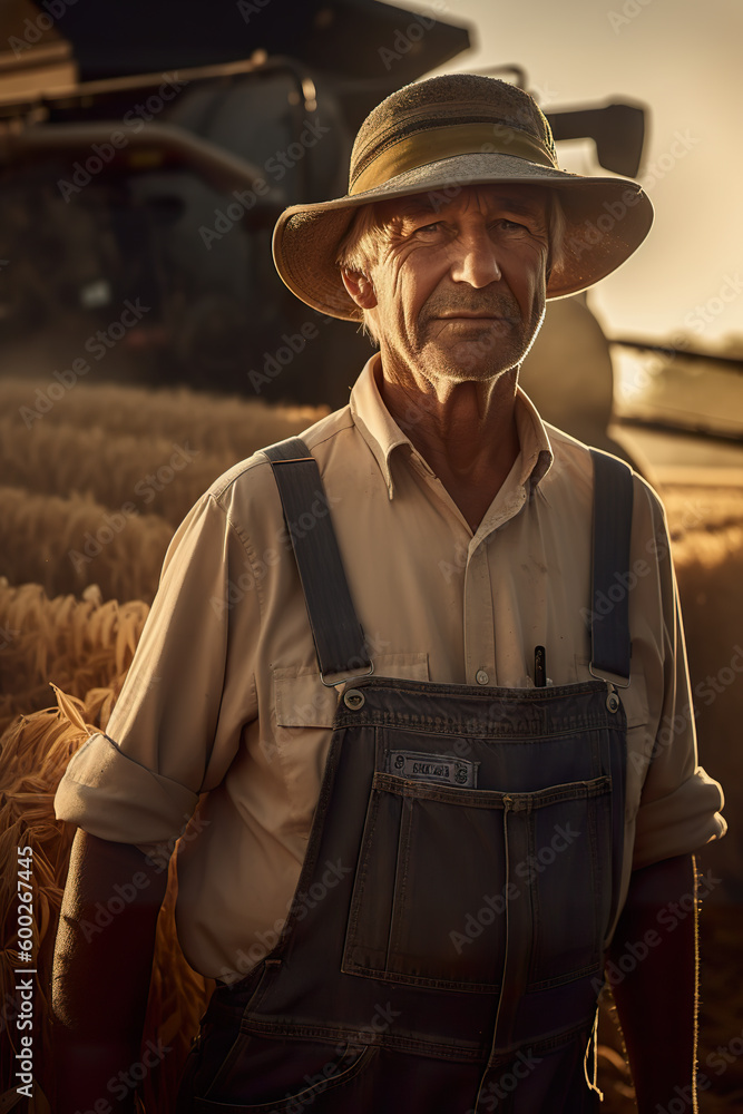 Poster a man standing in front of a combine harvester. generative ai.