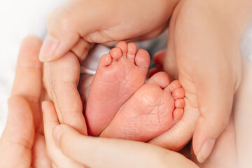 Obraz na płótnie Canvas Mother holds newborn baby's bare feet. Tiny feet in woman's hand