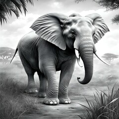 An elephant in a savannah landscape in black and white, as if it were a pencil drawing.AI-generated