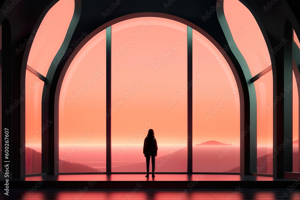 Poster a person standing in front of a large window. generative ai.